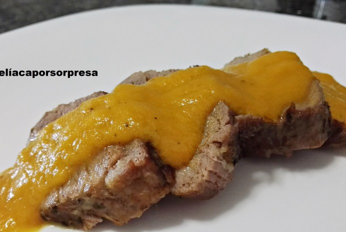 solomillo con salsa de verduras de cerca